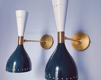 Mid Century Italian Brass Wall Sconce Pair: Blue & White Diabolo Lights