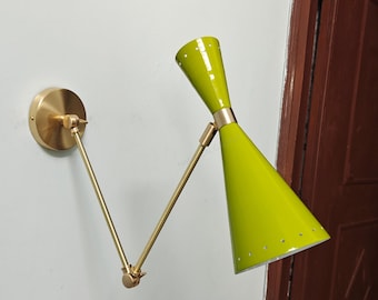 Mid Century Italian Brass Wall Sconce Pair Parrot Green Diablo Stilnovo Style plugin