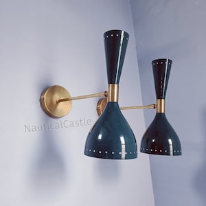 Blue Brass Wall Sconce Pair: Mid Century Italian Diabolo Light