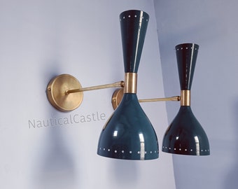 Blue Brass Wall Sconce Pair: Mid Century Italian Diabolo Light