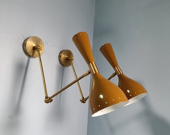 1950 Mid Century Italian Brass Wall Sconce Pair Brown Wall Fixture Diabolo Lamp