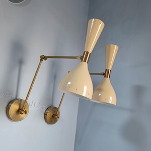 Mid Century Italian Brass Wall Sconce Pair - Cream Diabolo Lamps