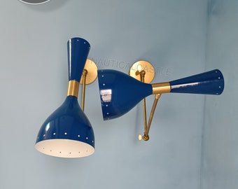 1950's Mid Century Brass Italian Diabolo Wall Sconce Light Fixture 2 Bulb Pair, Navy Blue Wall Sconce for Wall Décor Adjustable Light