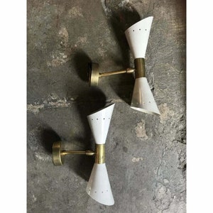 White Brass Diablo Wall Sconce Pair: Mid-Century Italian Lamps