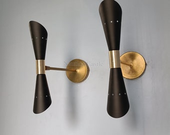 Brass Diablo Wall Sconce Pair: Mid Century Italian Plug-In Light
