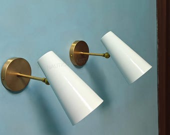 Raw Brass Wall Sconce: Mid Century Italian White Cone Light