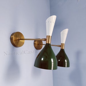 1950s Brass Wall Sconce Pair, White & Malachite Green Set of 2 Mid Century Italian Adjustable Diablo Sconce Light Fixture, Wall Lights