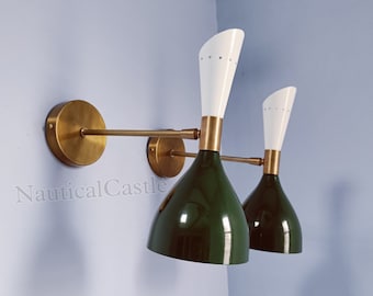 1950s Italian Brass Wall Sconce Pair: Mid-Century Malachite Green Diablo Lights