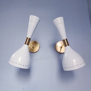 White Brass Wall Sconce Pair: Mid Century Italian Stinlovo Lamps
