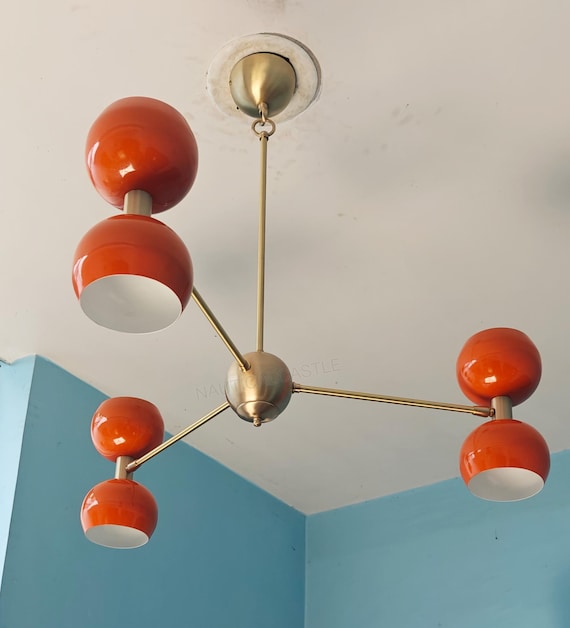 Brass Sputnik Chandelier Orange Customizable Mid-Century Modern 3-Arm Ceiling Light Fixture