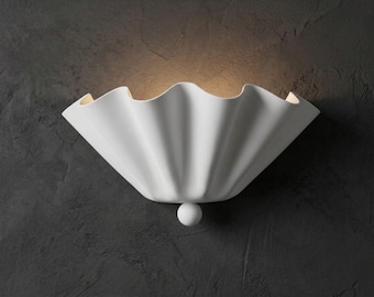 White Scalloped Wall Sconce, Mid Century Brass Art Deco Coastal Wall Light