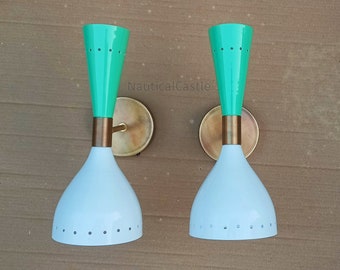 Plug In Wall sconce pair, Mid Century Customized Italian Diablo Wall Sconce Light Fixtures 2 Bulb Set Wall Decor Lamps, Brass Wall Sconce