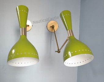 Brass Diabolo Wall Sconce Pair: Olive Green Mid Century Italian Lighting