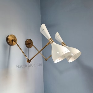Mid Century Italian Brass Wall Sconce Pair: White Diabolo Plug In Lamp