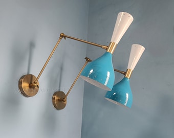 Sconce da parete in ottone bianco e blu, metà secolo, anni '50, applique Stilnovo italiano, coppia lampada da lettura, luce regolabile per la decorazione domestica