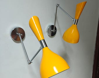 Nautical 1950 Mid Century Italian Brass Wall Sconce Pair Mustard Wall Fixture Diabolo Lamp
