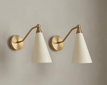 Mid Century Modern Brass Wall Sconce, Italian Style Cone Shade Wall Lamp, Bedside Wall Fixture, Bathroom Vanity Light | Plug-in or Hardwired