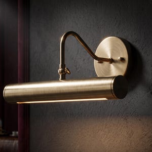 May include: A brass picture light fixed to a wall. The light has a circular backplate, a curved arm, and a cylindrical light housing. The light is on, emitting a warm glow. The design is simple and elegant, suitable for art display.