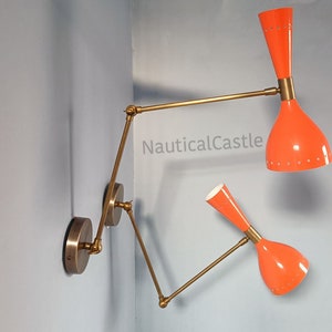 Orange Diabolo Wall Sconce Pair: Mid-Century Italian Brass Reading Lamps