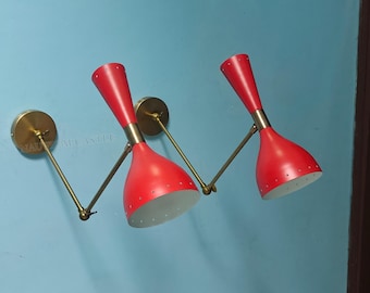 1950s Italian Diablo Wall Sconce Pair: Mid Century Red Brass Lamp