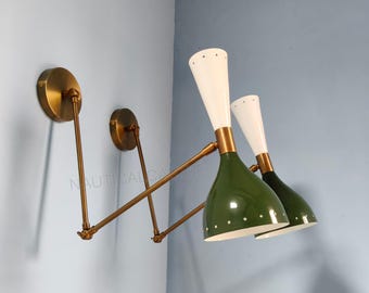 Mid Century Italian Brass Diabolo Wall Sconce - Green & White, Set of 2