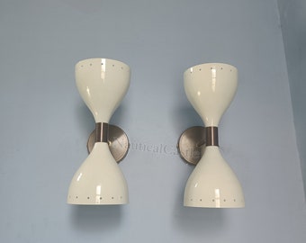 Mid Century Italian Brass Diabolo Wall Sconce Pair - Cream White