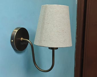 Mid Century Brass Wall Sconce: Fabric Lampshade, Hardwired Bedside Light