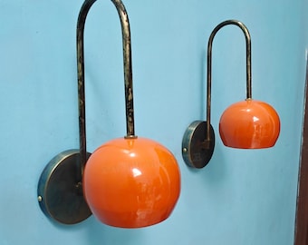 Mid-Century Modern Brass Wall Sconces: Orange Ball Accent, Handmade Pair