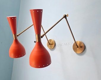 Mid Century Brass Wall Sconce Pair: Orange Italian Diablo Light Fixtures
