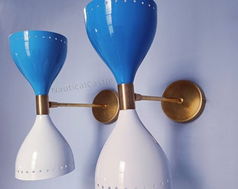 Blue & White Brass Diabolo Wall Sconce Pair: Mid Century Italian Wall Lights