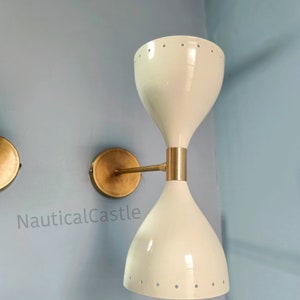 Mid Century Italian Diablo Brass Wall Sconce Pair - White & Olive Green