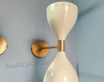 Mid Century Italian Diablo Brass Wall Sconce Pair - White & Olive Green