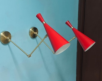 Red Enamel Monolith Wall Sconces: Brass Reading Lamps, Adjustable Pair