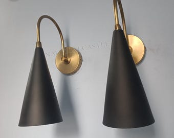 Black Cone Wall Sconce: Mid Century Modern Brass Lamp