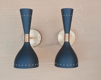 Matt Blue Brass Wall Sconce Pair: Mid-Century Italian Diablo Light