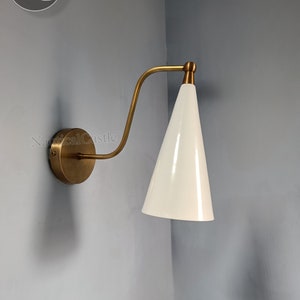 White Cone Shape Brass Wall Sconce - Mid Century 1950s Vintage Italian Diabolo Wall Sconce Light - Adjustable Lamp Fixtures for Home Decor