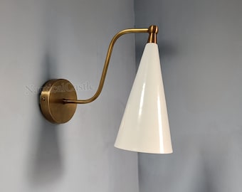 White Cone Shape Brass Wall Sconce - Mid Century 1950s Vintage Italian Diabolo Wall Sconce Light - Adjustable Lamp Fixtures for Home Decor