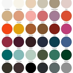 May include: A color palette featuring 36 circular swatches, each with a unique color and name. Colors range from stark white and perfect white to black and dove, including shades like lipstick, marigold, and midnight. The names of the colors are printed below each swatch.