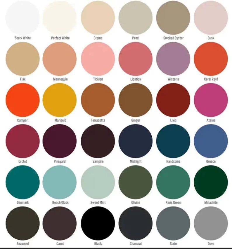 May include: A color palette featuring 36 circular swatches, each with a unique color and name. Colors range from stark white and perfect white to black and dove, including shades like lipstick, marigold, and midnight. The names of the colors are printed below each swatch.