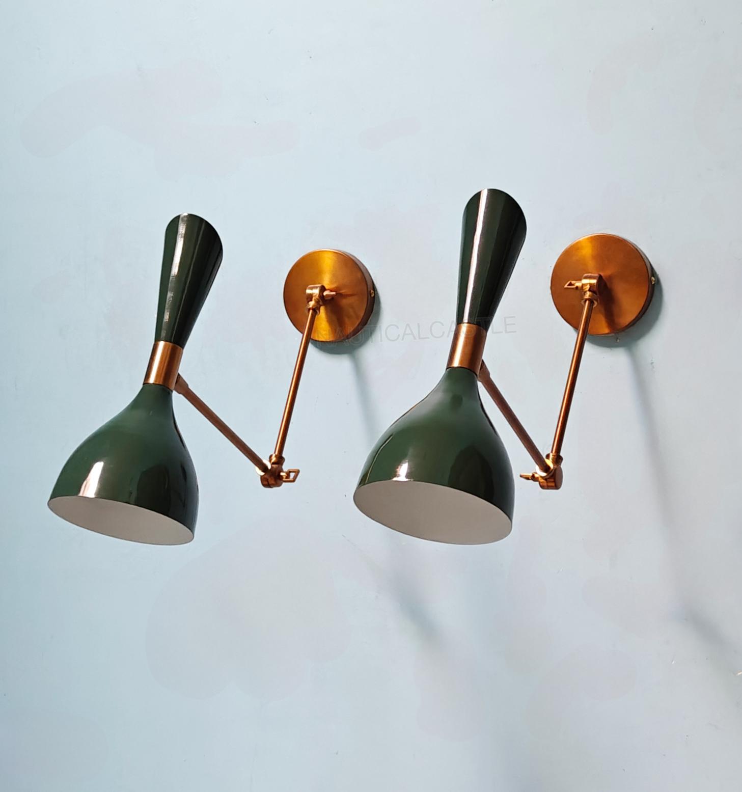 Pair Of 1950s Mid-Century Italian Diabolo Wall Sconces – Raw Brass, Green & Yellow Accents