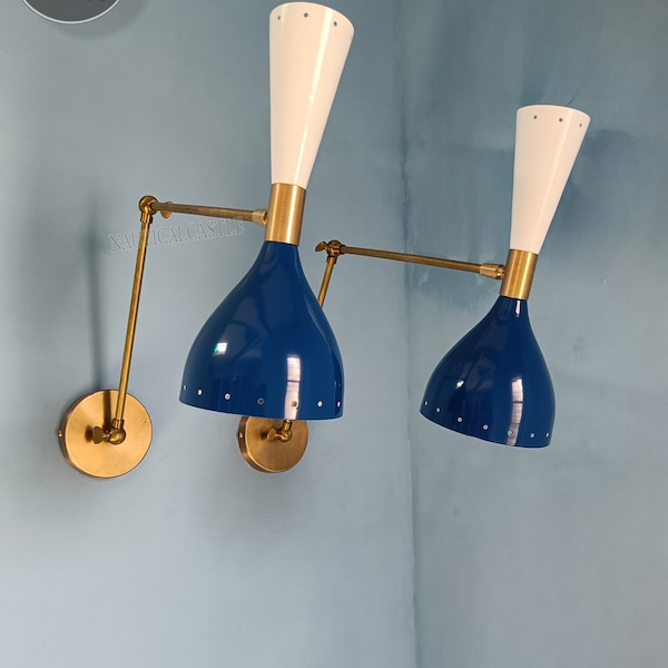 Mid Century Brass Wall Sconce Pair Reading Lamp - Italian Stilnovo Lighting Fixtures - Adjustable Blue White Sconce Light for Home Decor