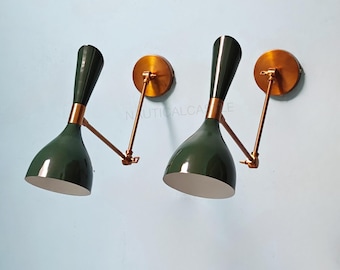 1950 Mid Century Italian Brass Wall Sconce Pair Green Wall Fixture Diabolo Lamp