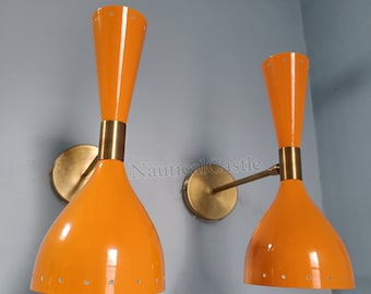Orange Brass Wall Sconce Pair 1950s Mid Century Brass Italian Adjustable Diabolo Wall Sconce Light Fixture 2 Bulb Pair Wall Sconce