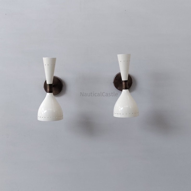 Shiny White Wall Sconce Pair 1950s Mid Century Brass Italian Etsy