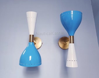 1950s Italian Diabolo Wall Sconce Pair: Mid Century Brass Plug-In Light Fixture