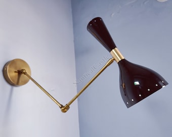 Mid Century Brass Diablo Wall Sconce Pair: Adjustable Italian Light
