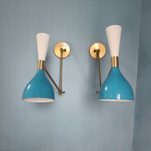 Applique murale en laiton bleu et blanc, milieu du siècle, années 1950, applique italienne Stilnovo, paire de lampes de lecture réglables pour décoration d'intérieur image 6