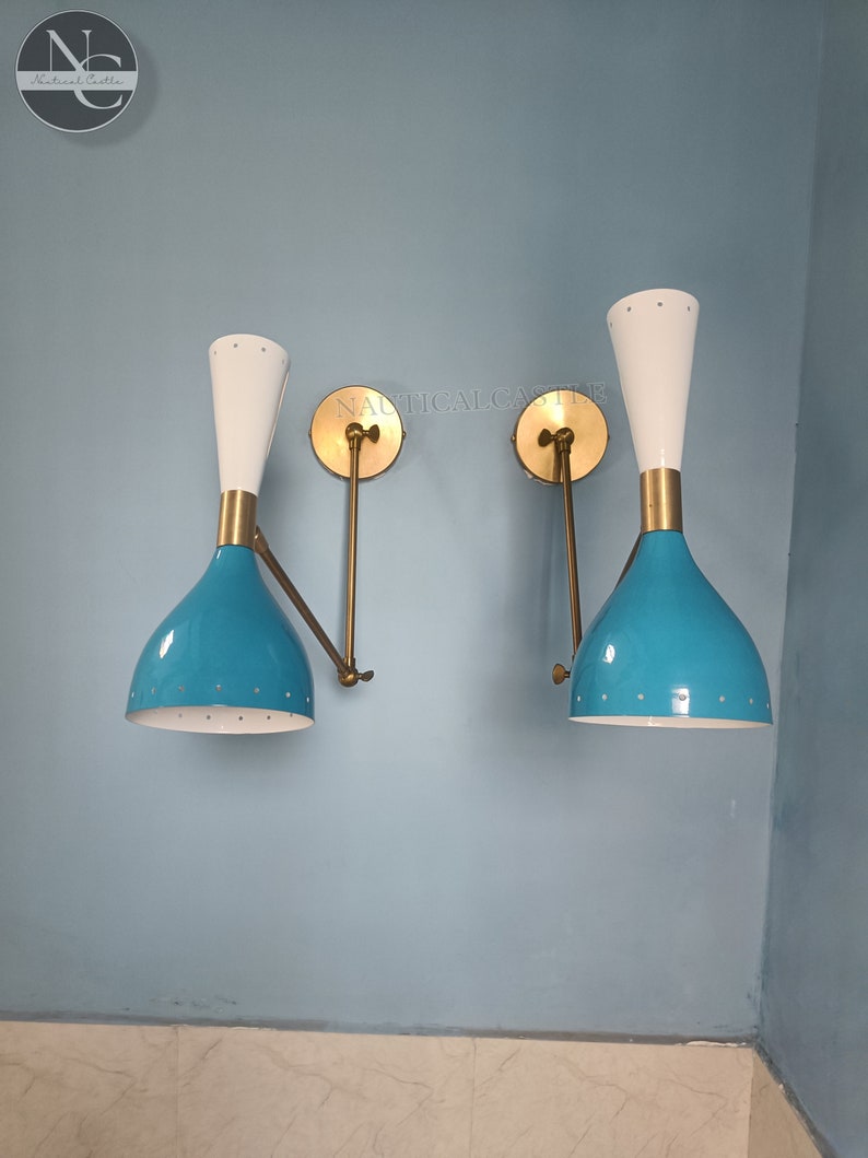 Applique murale en laiton bleu et blanc, milieu du siècle, années 1950, applique italienne Stilnovo, paire de lampes de lecture réglables pour décoration d'intérieur image 6