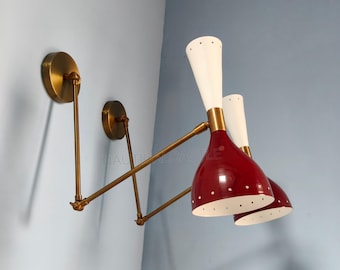 1950 Mid Century Italian Brass Wall Sconce Pair Plugin Wall Fixture Diabolo Lamp