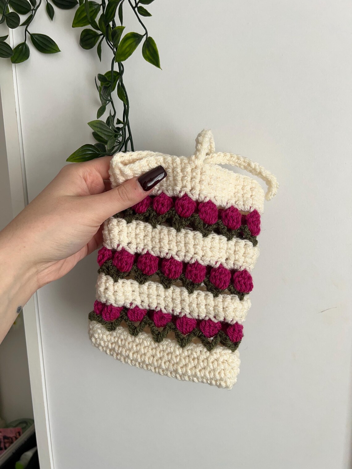 CROCHET SHOULDER BAG 25.5 COLORFUL WOOL WITH BROWN STRAP CALFSKIN